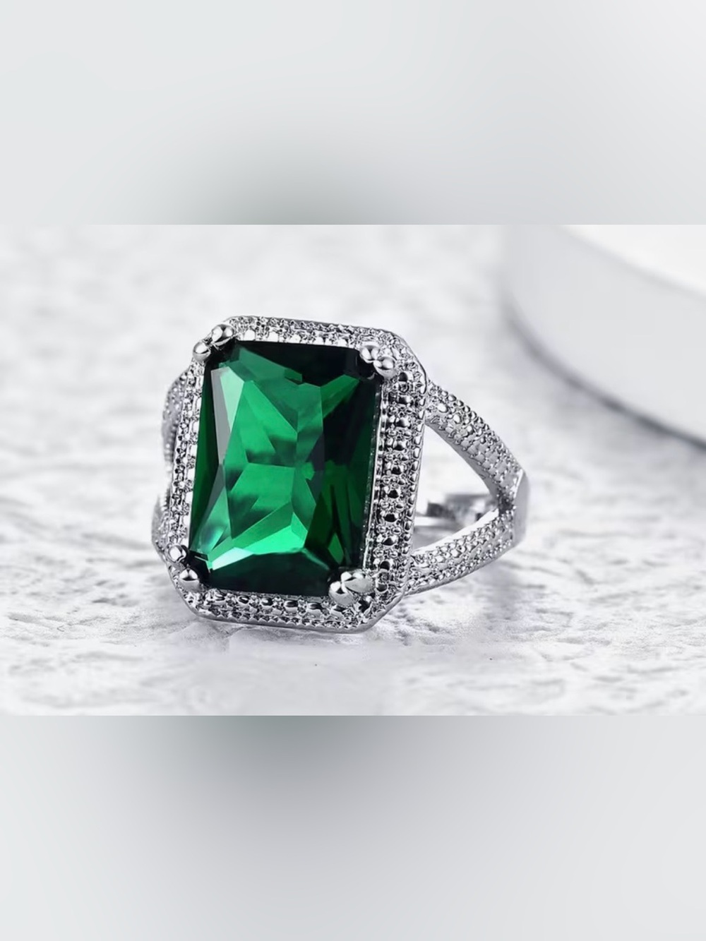 Green Emerald-Cut Halo Ring with Silver Accents